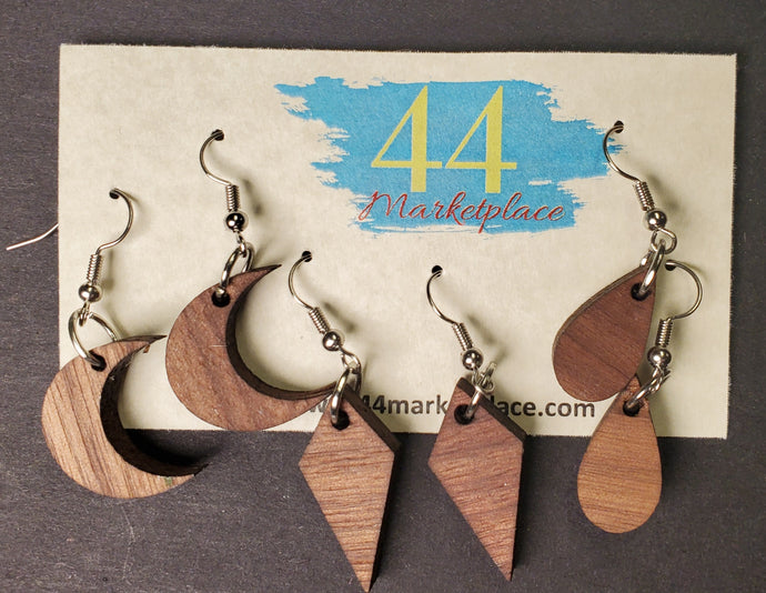 Set of 3 pair Walnut Earrings - Teardrop,  Diamond & Moon