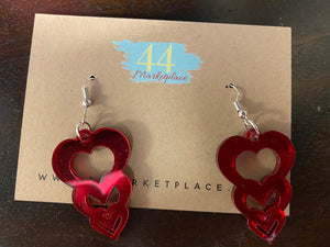 Triple Heart Earrings 2 - Red Mirrored Acrylic