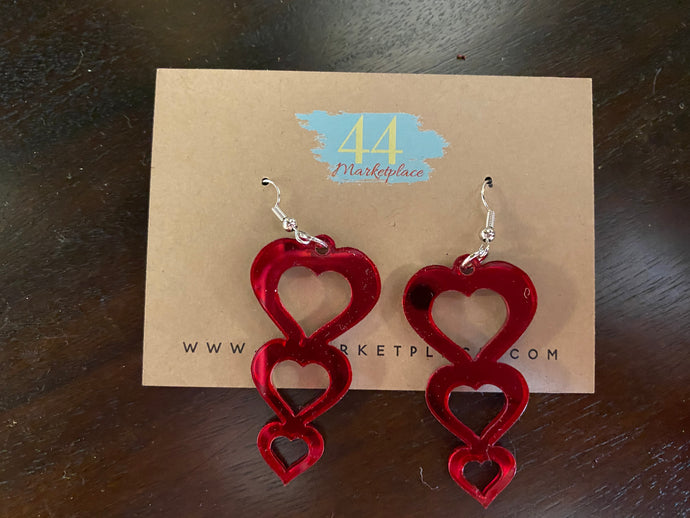 Triple Heart Earrings - Red Mirrored Acrylic